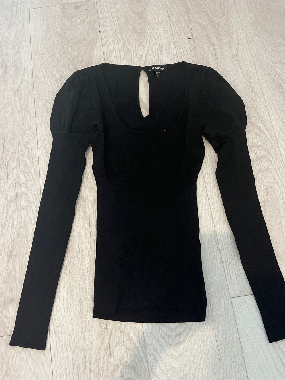 bebe Black Long Sleeve Puff Shoulder Scoop Top